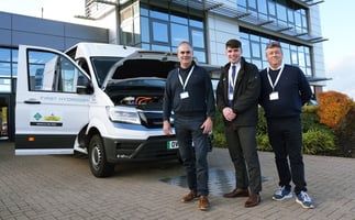 Ballard and First Hydrogen representatives in front of the LCV at HORIBA MIRA near Coventry, UK